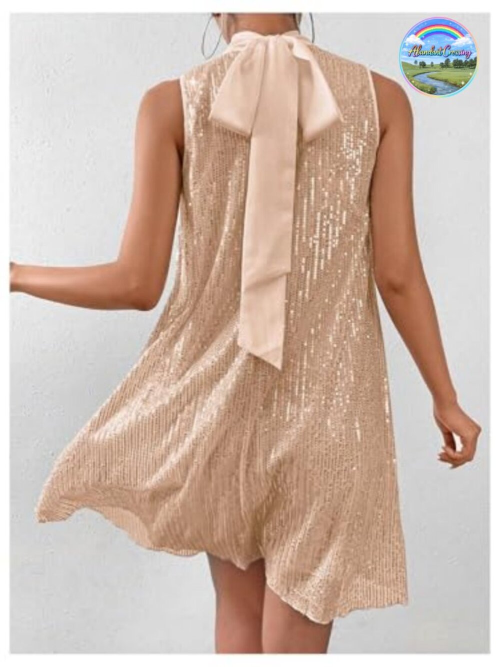 Sequin Sleeveless High Neck Bow Cocktail Dress Women's Party Sparkly Mini Dress - Picture 2 of 5